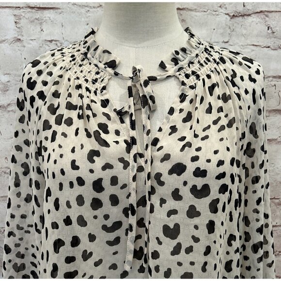 Collective Concepts Womens S Popover Blouse Ivory Cheetah Ruffle Tie Neck Sheer - Picture 3 of 6